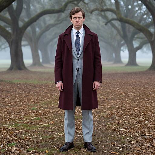Photograph of a serious man in a dark brown overcoat, gray suit, white shirt, and blue tie, standing in a foggy, leaf