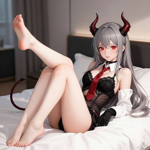 Anime-style digital artwork of a grey-haired demon girl with red eyes, black horns, and red tie, lying on a bed in black lace lingerie.