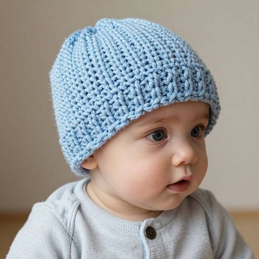 Photograph of a fair-skinned, blue-eyed baby with chubby cheeks wearing a light blue, hand-crocheted knit hat and a gray ones