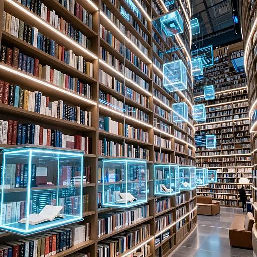 Photograph of a futuristic library with illuminated bookshelves, glowing blue virtual displays, and modern lighting, showcasing organized books and sleek furniture.