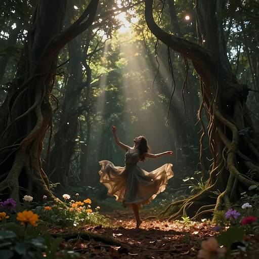 Photograph of a woman in a flowing dress, arms raised, dancing under sunbeams in a mystical forest with twisted trees, colorful flowers, and