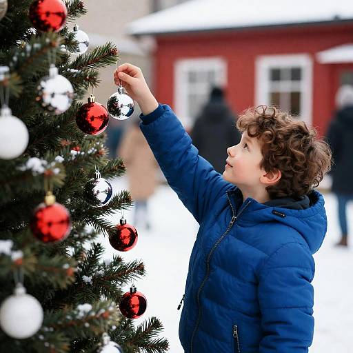 Child Hanging Ornament on Christmas Tree
