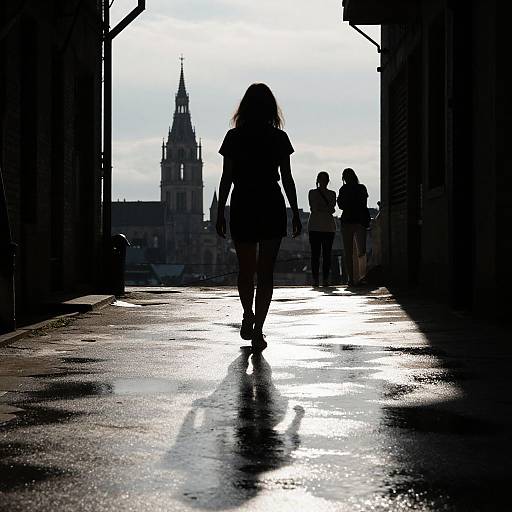 Silhouette of a woman with long hair walking on a wet, reflective street towards a sunlit Gothic church in the background.