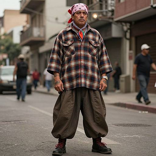 Photograph of a tattooed man in a plaid shirt, brown baggy pants, red bandana, and black shoes, standing on an urban