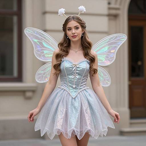 Photograph of a young woman in a silver fairy costume with iridescent wings, white antennae headband, and long wavy brown hair,
