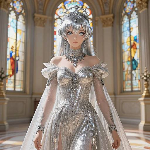 Digital anime-style drawing of a silver-haired princess in a sparkling, off-shoulder silver gown, adorned with jewelry, in a sunlit, orn