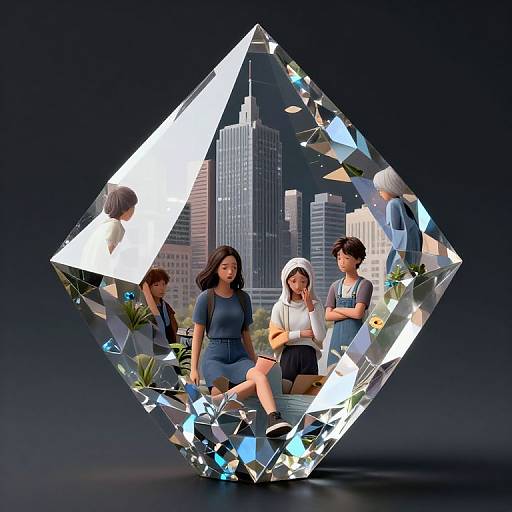 Photorealistic CGI: Four diverse women in business attire, reflected in a large, diamond-shaped, mirrored crystal, with a cityscape background.