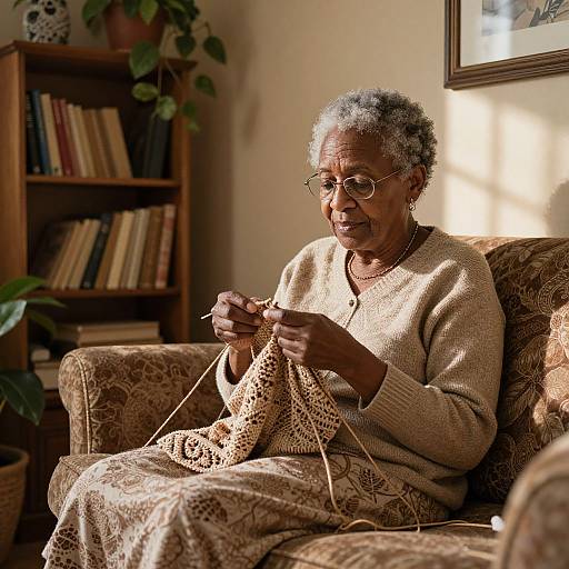 Photograph of an elderly African-American woman with short gray hair and glasses, knitting in a beige sweater, sitting on a patterned armchair in a