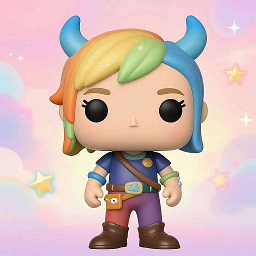 Chibi-style digital drawing of a character with blue horns, multicolored hair, black eyes, blue shirt, purple pants, brown belt, and