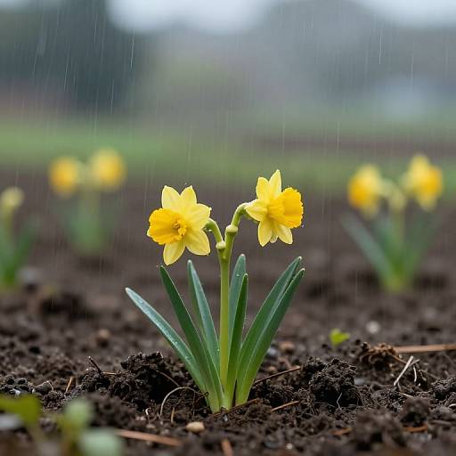 Photograph of two vibrant yellow daffodils with green leaves in a muddy garden, standing out against a blurred background of more daffodils