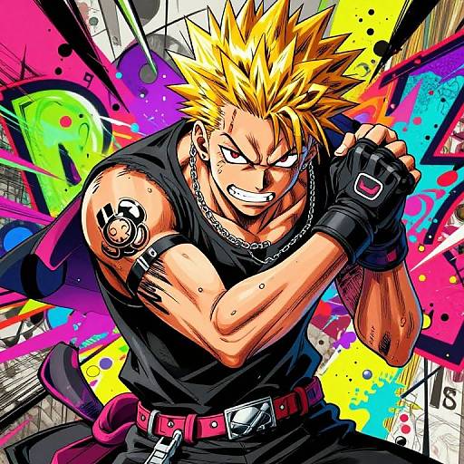 Digital anime artwork of a muscular, blond spiky-haired man with fierce expression, black tank top, fingerless gloves, and tattoos, set against vibrant