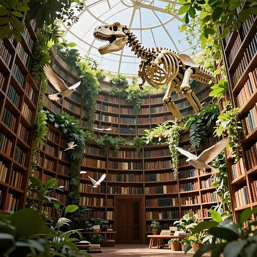 Photorealistic CGI image of a sunlit, circular library with towering bookshelves, lush greenery, and a large dinosaur skeleton hanging from the