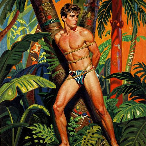 Digital painting of a muscular, tan-skinned man with brown hair, wearing blue speedo, bound to a tree with rope, in vibrant jungle with