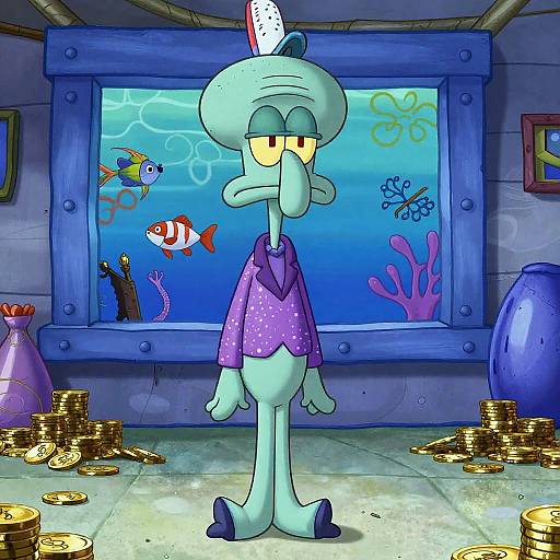 Squidward Tentacles, wearing a purple shirt, stands in a blue-tinted underwater room filled with gold coins and colorful fish, staring