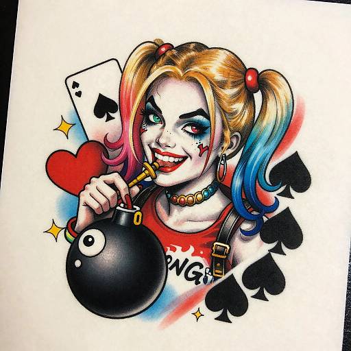 Colorful comic-style drawing of Harley Quinn with blue and pink pigtails, holding a bomb and heart, card spades background, mischievous