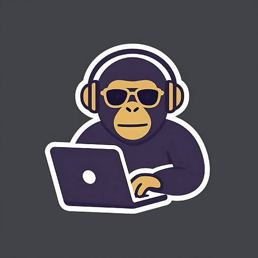 Digital illustration of a stylized, cartoon monkey with dark purple fur, yellow face, and sunglasses, using a laptop against a dark blue background.