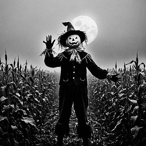 Pumpkin-headed scarecrow in cornfield at night