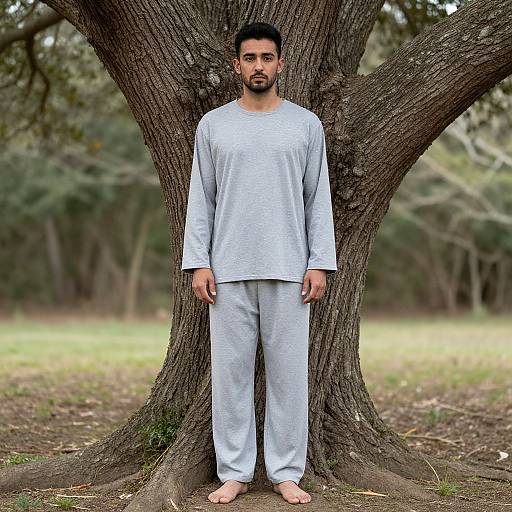 Photograph of a bearded man with short black hair standing barefoot against a large tree trunk in a forest, wearing a light gray long-slee