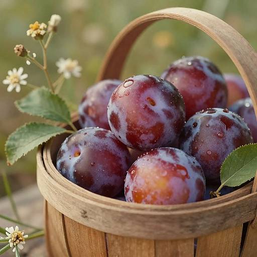 Photograph of a wooden basket filled with shiny, purple plums, water droplets on the fruit, surrounded by green leaves and small white flowers in