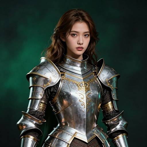 Photorealistic digital portrait of a young Asian woman with long brown hair, wearing ornate silver and gold medieval-style armor against a dark, green-h
