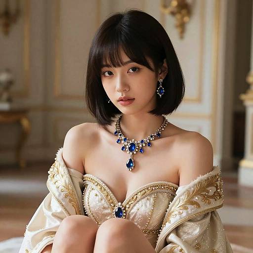 Elegant Woman in Royal Attire with Blue Jewelry