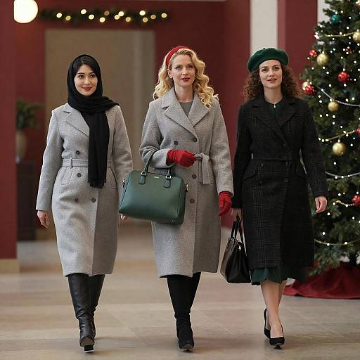 Photograph of three women in winter coats, black and gray, with red scarves and gloves, walking past a decorated Christmas tree.