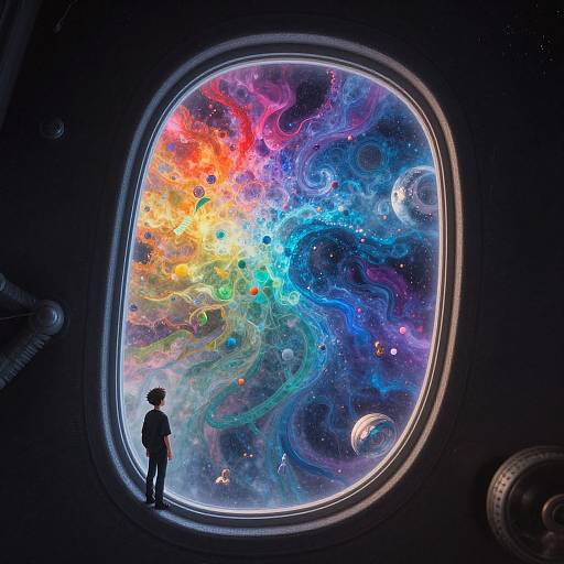 Silhouetted astronaut gazes at vibrant, swirling cosmic view through large spaceship window; colorful nebula, stars, and galaxies fill the scene.