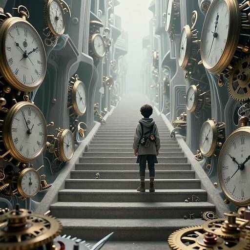 Digital art: A child in a gray hoodie stands on a stairway flanked by towering, gold clock faces, surrounded by gears, ascending into a