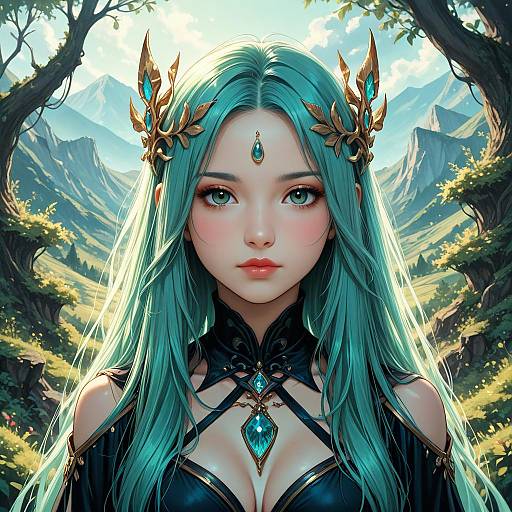 Digital art of a beautiful, blue-eyed, green-haired elf woman with ornate headpiece, wearing black leather armor, set in a sunlit,