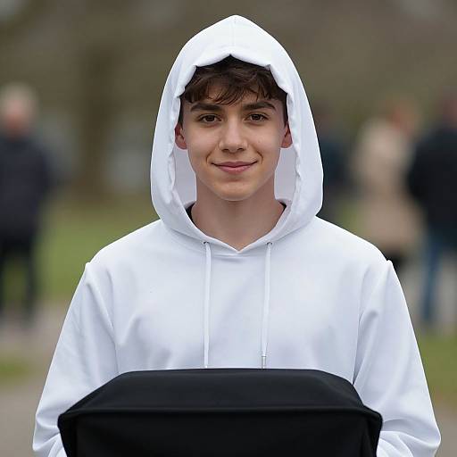 Photograph of a young boy with light skin, dark brown hair, wearing a white hoodie with the hood up, holding a black bag, standing outdoors