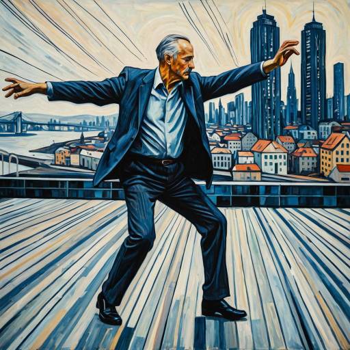 Middle-Aged Man Dancing by Cityscape Oil Painting