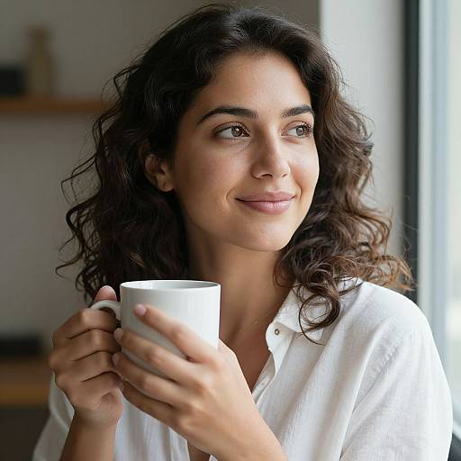 Photograph of a smiling, dark-haired woman with wavy hair, wearing a white button-up shirt, holding a white mug, standing near a window