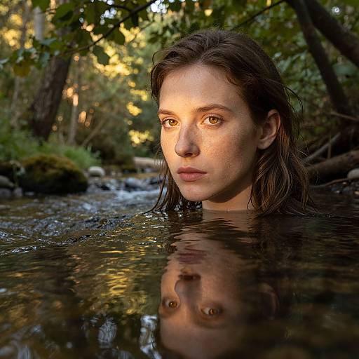 Photograph of a young woman with wet brown hair, gazing intently, partially submerged in a forest stream, sunlight filtering through trees, reflecting in