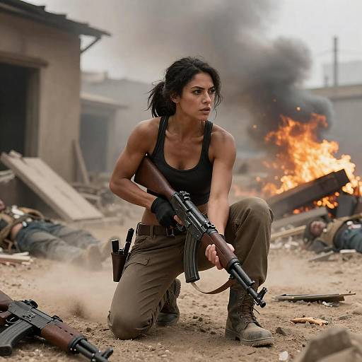 Muscular Woman in War-Torn Ruins