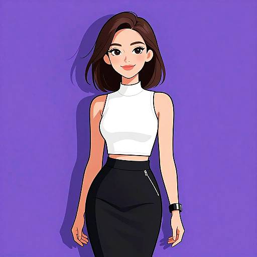 Digital anime-style drawing of a smiling woman with straight brown hair, wearing a white sleeveless top and black high-waisted skirt, against a purple