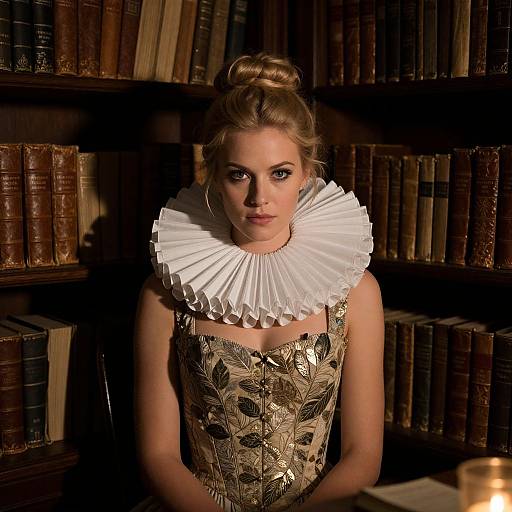 Photograph of a blonde woman with updo, wearing a gold floral corset and white ruffled collar, standing in a dimly lit, wooden