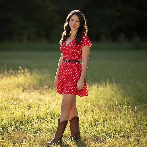 Photograph of a smiling woman with wavy dark hair, wearing a red polka dot dress, black belt, brown cowboy boots, standing in a