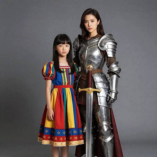 Woman in Armor with Daughter in Colorful Dress