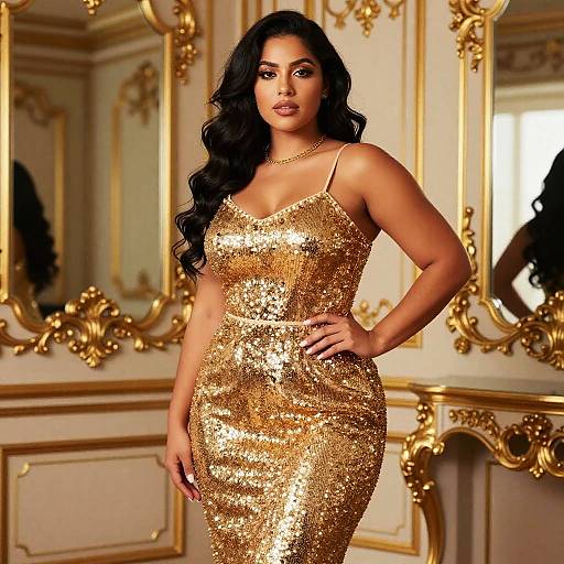 Confident Woman in Gold Sequin Dress