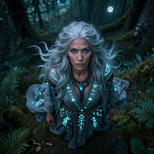 Digital fantasy artwork of a silver-haired woman with glowing blue runes, intense blue eyes, and a mystical forest background at night.