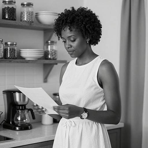 Woman Reading Document in Kitchen