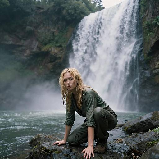 Woman Crouching by Cascading Waterfalls