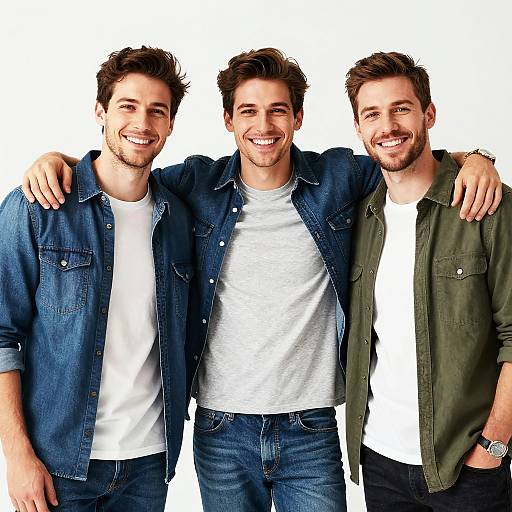 Photograph of three smiling, casually dressed men with short brown hair, standing close together, arms around each other, against a white background.