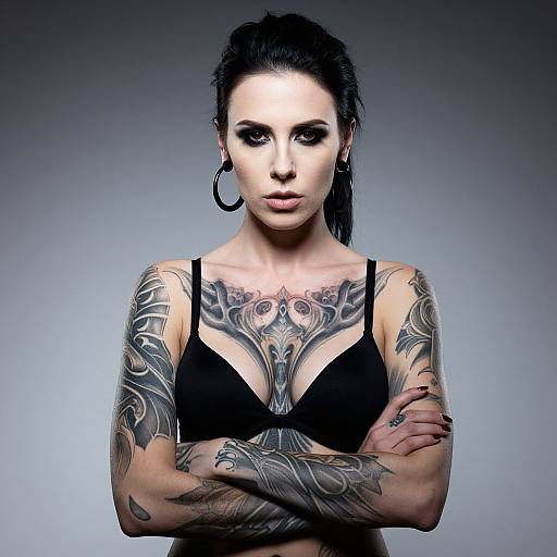 Photograph of a heavily-tattooed woman with dark hair, black bra, large hoop earrings, intense gaze, and crossed arms against a gradient