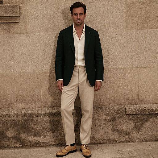 Photograph of a handsome man with dark hair and stubble, wearing a black blazer, white shirt, beige pants, and tan shoes, standing