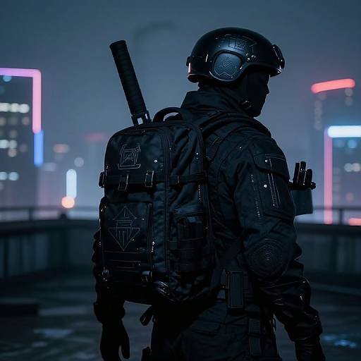 Techwear Tactical Gear on Urban Rooftop at Night
