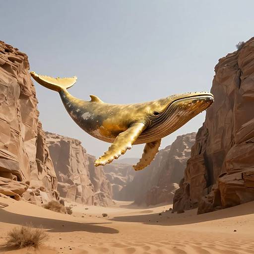 Photorealistic digital artwork of a large, golden-hued whale with detailed texture flying through a sunlit, sandy desert canyon.