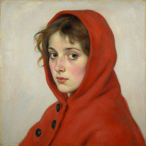 Realistic oil painting of a young girl with fair skin, brown wavy hair, and large brown eyes, wearing a red hooded cloak with black