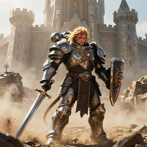 Blonde Knight in Battle-Worn Armor with Sword and Shield