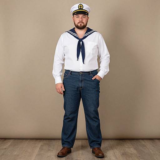 Photograph of a bearded man in white sailor shirt with navy tie, dark blue jeans, white captain's hat, and brown shoes, standing against